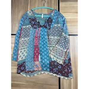 Raga Patchwork Print Tunic‎ Top Bohemian Blouse Long Sleeve Size S